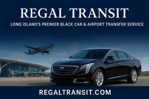 uxury black car service vehicle parked in front of New York City skyline