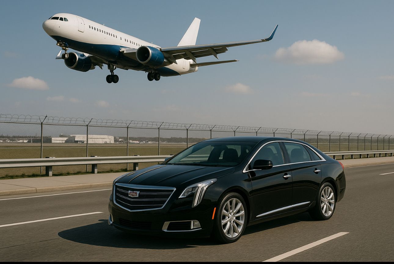 “Luxury black car service vehicle with New York City skyline in background